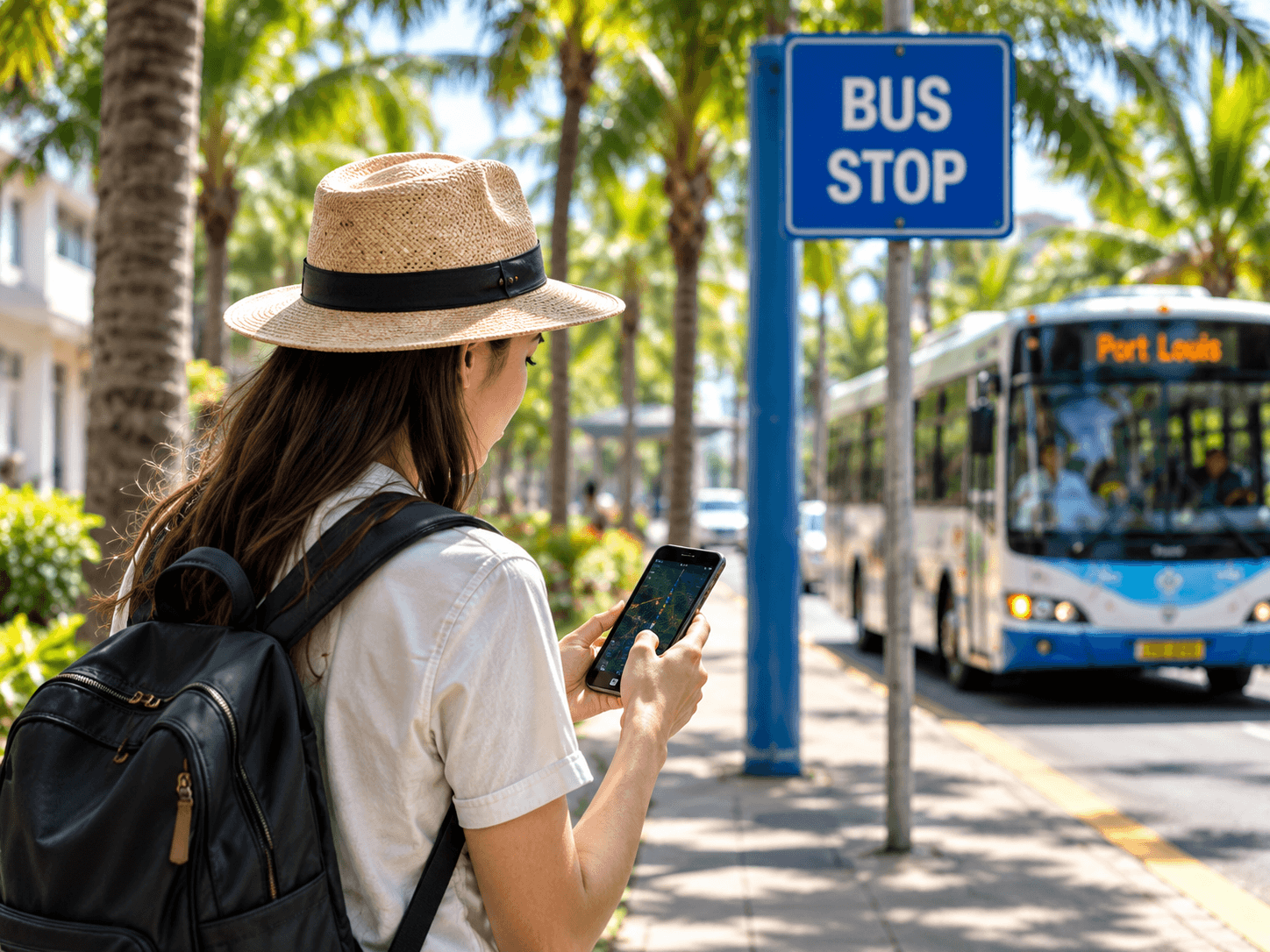 Traveller in a straw hat checking her phone at a bus stop as a bus approaches