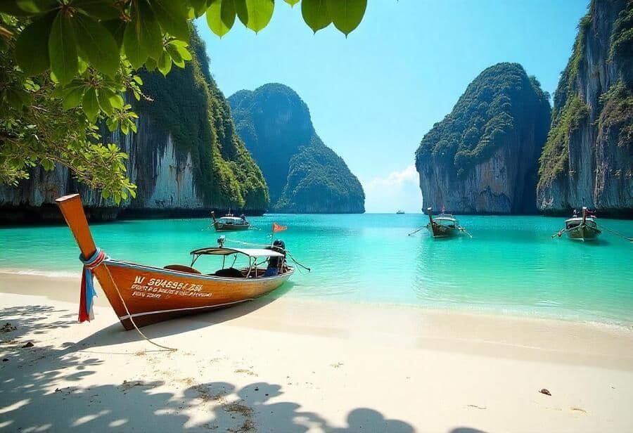 Wooden long-tail boat on a white-sand beach below green limestone cliffs in Thailand