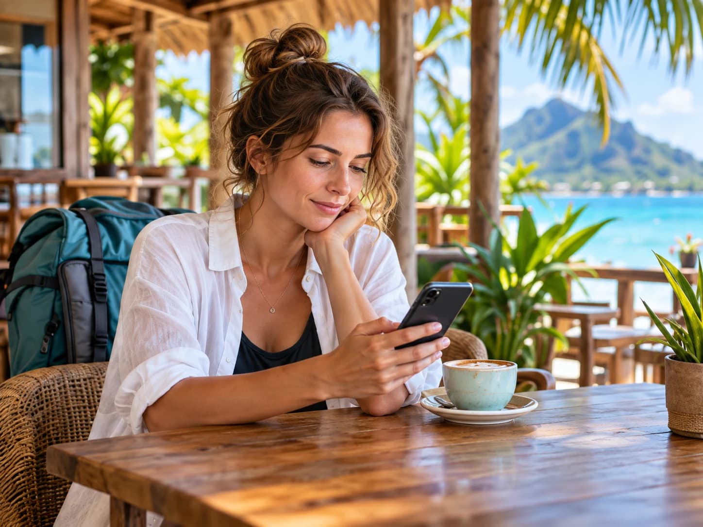 Traveller checking a phone at a tropical café