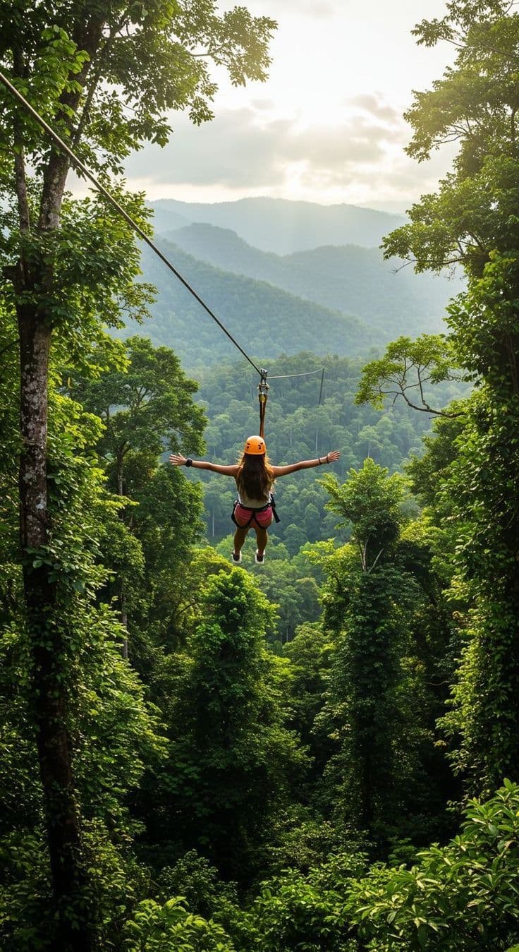 Person on a zipline above a green rainforest valley