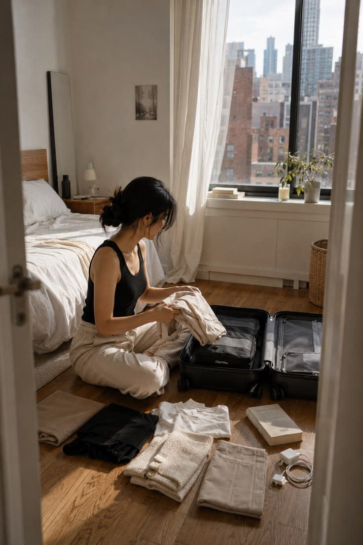 Traveller sitting on a bedroom floor packing clothes into an open suitcase