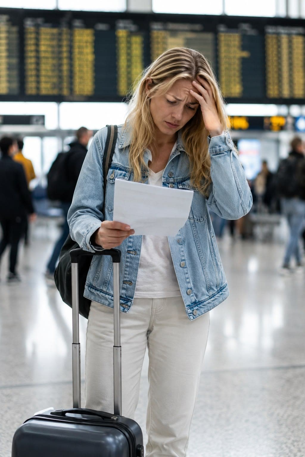 Worried traveller with a suitcase reading a sheet of paper in a busy airport