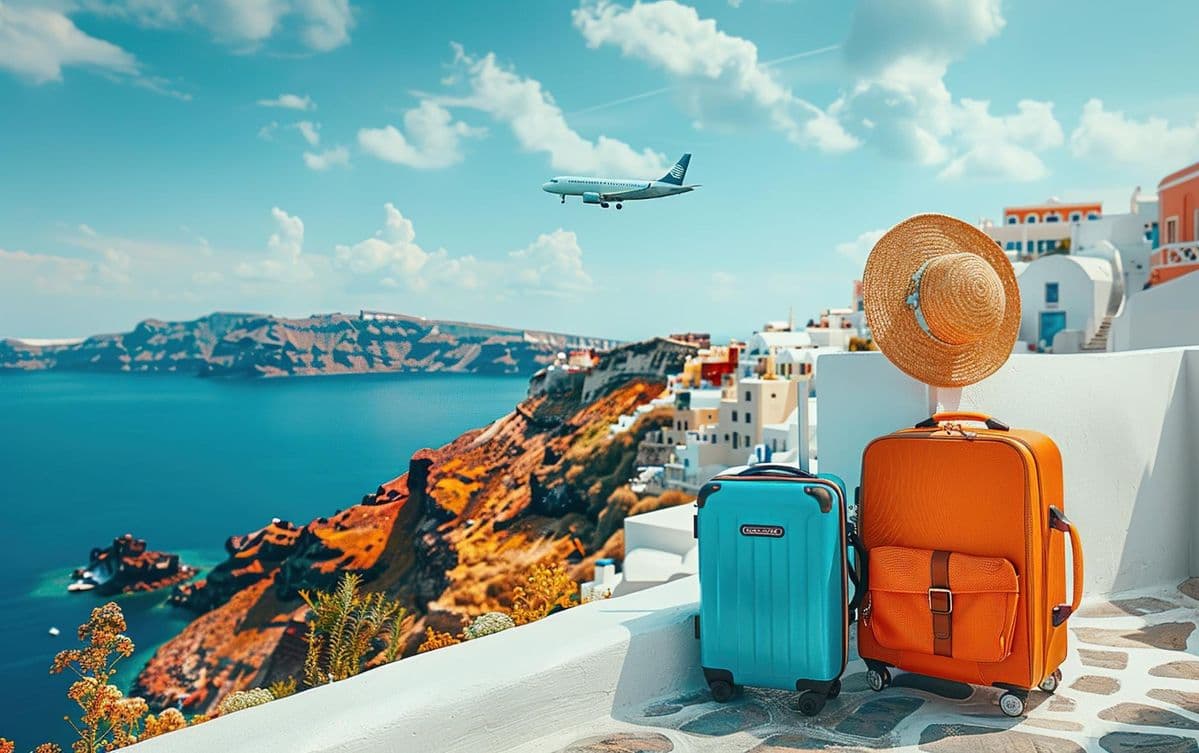 Turquoise and orange suitcases with a straw hat on a sunny whitewashed terrace above the sea, with a plane in the sky