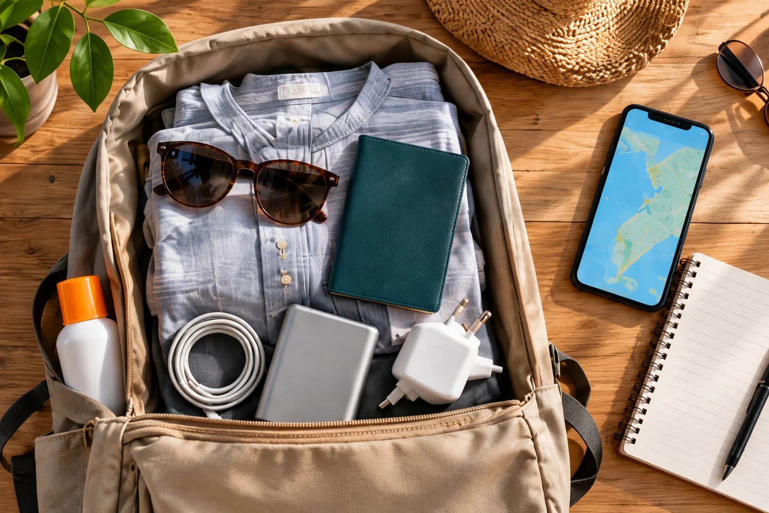 Open travel backpack on a wooden table with a folded shirt, sunglasses, passport, charging cable, power bank, adapter, sunscreen and a phone