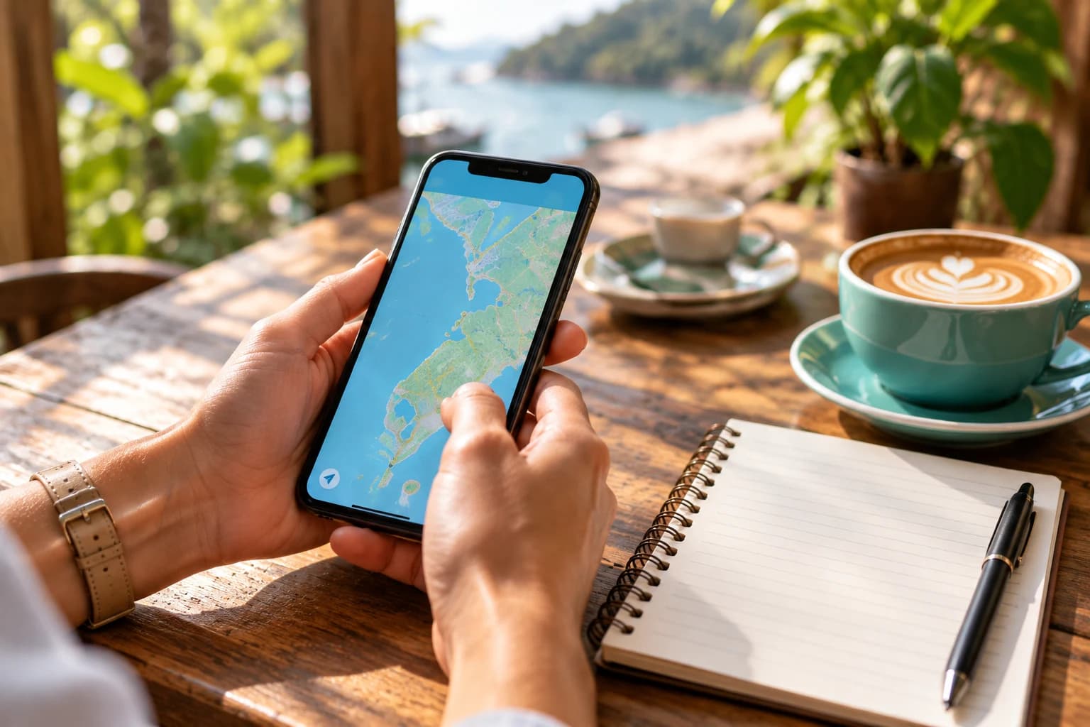 Traveller’s hands holding a smartphone showing a map at a café table, beside a cappuccino and notebook